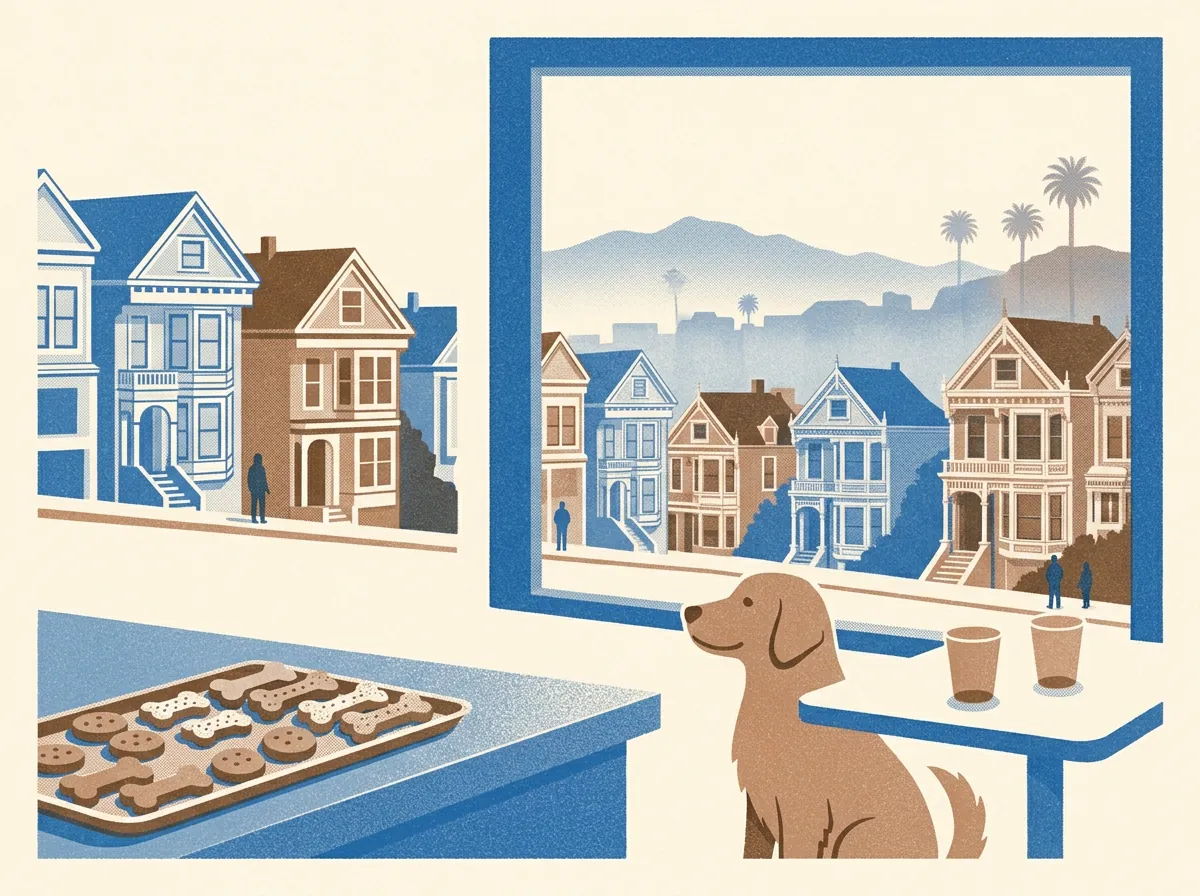 Illustration of dog cafés and bakeries in San Francisco