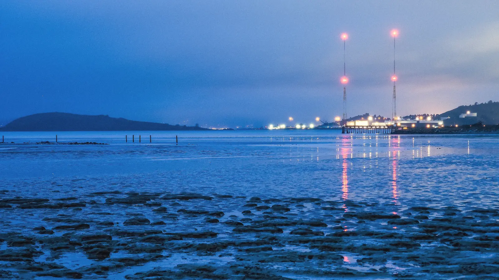 Photo of the shoreline at Point Isabel at dusk with lights across the water